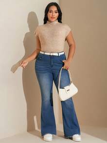 SHEIN Tall CURVE 大码优雅高领宽松休闲百搭无袖针织背心，适合外出穿着，秋冬季校园上衣 - 杏色 - 查看 4