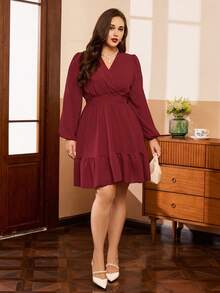SHEIN Clasi Plus Size Solid Color Cross Shirred Puff Sleeve Ruffle Hem Cinched Waist A-Line Dress - Red - View 7