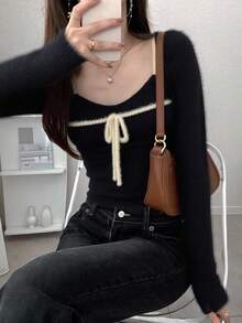 FRIFUL 女式杏色纯色内袋无袖夹克，长袖撞色抽绳蝴蝶结针织毛衣两件套，秋季