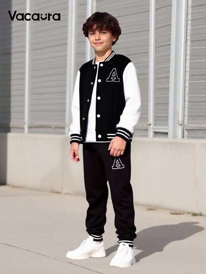 SHEIN Garoto Pré-Adolescente Letra Corrigida Guarnição Listrada Jaqueta Varsity & Calças De Treino Sem Camiseta