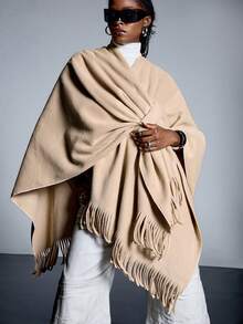 LYSMO Áo khoác Poncho quấn tua rua dáng rộng cho nữ cỡ lớn mùa thu/đông - Lạc đà - Xem 3