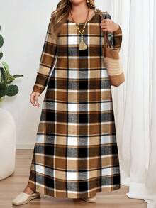 EMERY ROSE Casual Yellow & Black Plaid Textured Print Plus Size Long Sleeve Crew Neck Dress, Suitable For   New Year Party,Flower/Spring/Summer/Vacation - Multicolor - View 5
