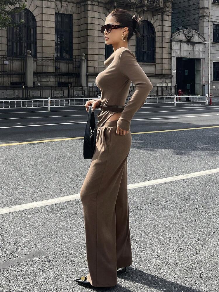 Women's Elegant Solid Color Draped Collar T-Shirt And Belted Pants 2 Pieces Set, Autumn