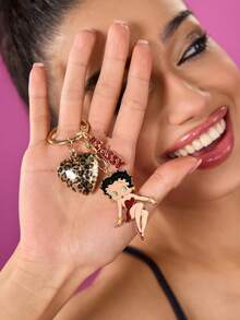 Betty Boop x SHEIN 锌合金女士钥匙扣包包挂件豹纹立体爱心吊坠闪粉，适合挂在包包和钥匙上，礼品收藏纪念，送礼佳品，派对，节日，情人节 - 彩色 - 查看 5