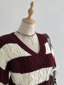 Elamini Women's Casual Versatile V-Neck Striped Lantern Sleeve Knit Sweater Top, Navy & Apricot, Autumn/Winter - Burgundy - View 3