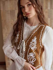 MOTF PREMIUM WOMEN'S RETRO EMBROIDERED SLEEVELESS VEST - Brown - View 1