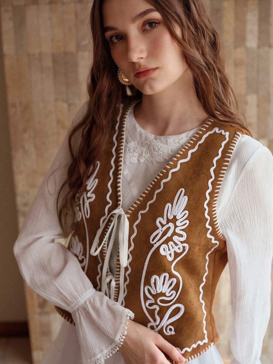 MOTF PREMIUM WOMEN'S RETRO EMBROIDERED SLEEVELESS VEST - Brown - View 1