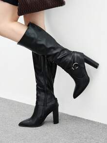 CUCCOO BIZCHIC Hochwertige Herbst/Winter Schnallen Pendler Schwarz Kniehohe Stiefel, Spitze Zehe Plateau Absatz Elegante Damenstiefel, Modischer vielseitiger neuer Stil Lange Stiefel, die weiblichen Charme und Eleganz zeigen - Schwarz - Übersicht 1