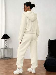 INAWLY Women's Solid Color Hooded Drawstring Sweatshirt And Pants 2 Pieces Set - Apricot - View 2