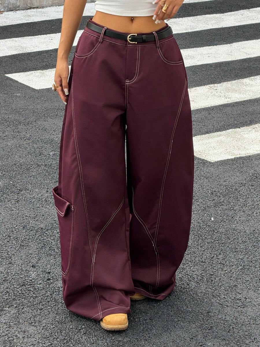 Muchica 感恩节酒红色梭织阔腿裤，女士款，撞色滚边，时尚百搭 - 酒紅色 - 查看 1