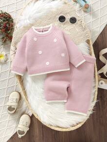 两件套女婴/幼儿粉色毛衣套装，圆领长袖刺绣上衣+休闲直筒裤，时尚简约风 - 粉色 - 查看 6