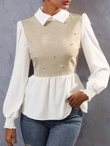 SHEIN Clasi Pearls Beaded Ruffle Hem 2 In 1 Blouse Peplum Top - Apricot - View 3