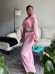 Tyla Gomez Zipper Front Hooded Jacket And Pants Set - Pink - View 3