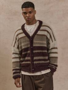 Musero V领长袖马海毛套头衫式纽扣撞色条纹开衫 春夏必备叠穿单品 - 彩色 - 查看 1