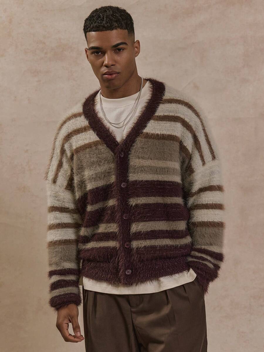 Musero V领长袖马海毛套头衫式纽扣撞色条纹开衫 春夏必备叠穿单品 - 彩色 - 查看 1