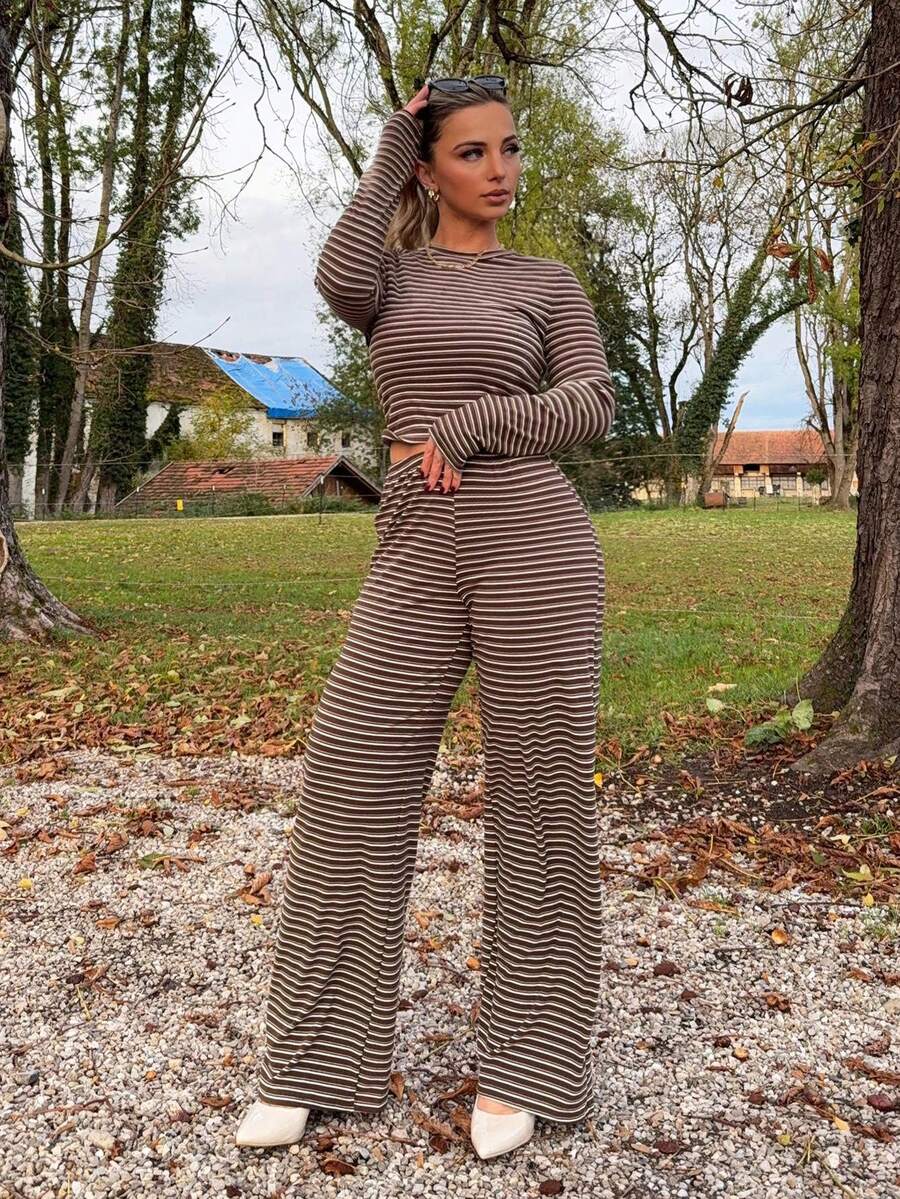 Jeta Ari Women's Casual Homewear Pajama Set, Includes Striped Crew Neck Long Sleeve Tee And Loose Striped Straight Leg Pants, Suitable For Daily Wear, Sports, Autumn/Winter, Back To School Clothes Brown Striped Two Piece Set - Brown - View 1