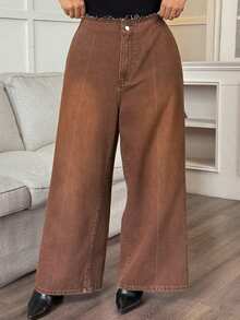 Dazy Plus 大码女式做旧磨边腰设计宽松阔腿复古休闲牛仔裤，适合所有季节 - 卡其色 - 查看 8