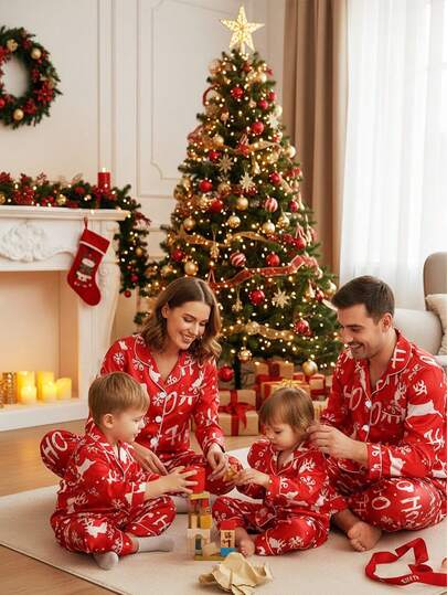 SHEIN 2pcs Baby Girls' Cute Cartoon Christmas Pattern Long Sleeve Top And Pants Comfortable Casual Pajama Set, Double-Sided Fabric Christmas Pajamas