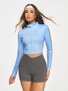SHEIN Sports Women's Light Blue Full Zip Athletic Jacket,Summer Slim Fit Sports Top With Stand Collar,High Stretch Gym Yoga Running Activewear Athleisure Jacket - Blue - View 5
