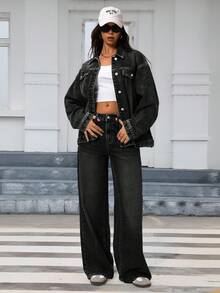 SHEIN Forever 21 女士休闲日常通勤简约百搭时尚街头风纯色低腰宽松阔腿牛仔裤 - 黑色 - 查看 10