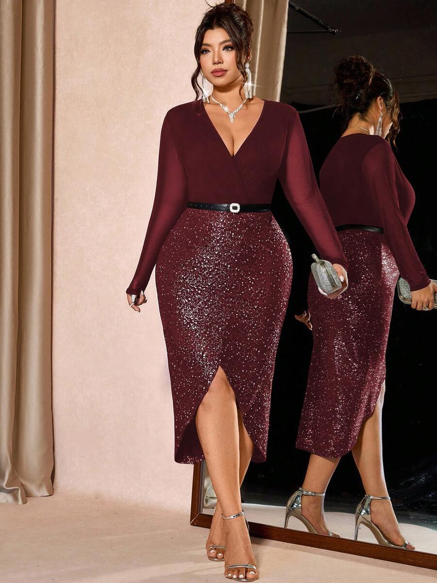 Allurite Figurbetontes Kleid für Damen in Große Größen mit V-Ausschnitt und Langarm, vielseitig einsetzbar, schlankend und verlängernd, geeignet für den täglichen Gebrauch und luxuriöse Partys - Bordeaux - Übersicht 1