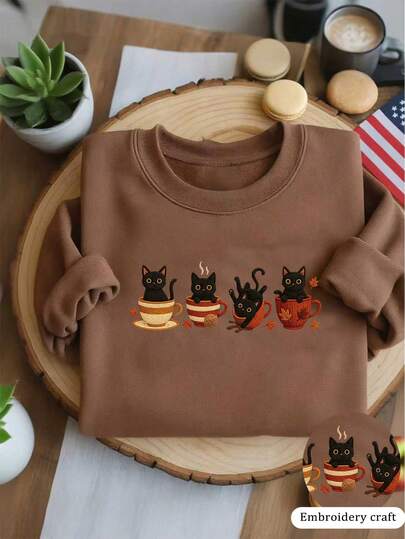 Almamuse 加大码卡通猫刺绣圆领长袖套头卫衣