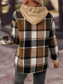 EMERY ROSE 女式格子拼接长袖休闲抽绳连帽运动衫 - 黃色 - 查看 2