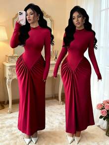 SHEIN Elenzya Autumn/Winter New French Elegant Stand Collar Ruched Fitted Bodycon Cocktail Dress, Sophisticated Design, Suitable For Formal Occasions - Burgundy - View 3