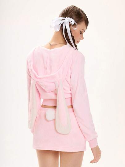 Kawaii Ensemble de 2 pièces pour femmes, comprenant des oreilles de lapin mignonnes en peluche et une queue de lapin en tissu bicolore