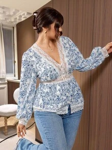 Vionelle 大码女式优雅复古蓝白花卉印花蕾丝花边V领长袖衬衫 - 藍白色 - 查看 1