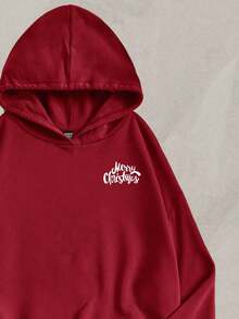 SHEIN Leap Crew 少女休闲复古圣诞树印花长袖连帽加厚卫衣，适合秋冬季、居家、圣诞派对穿着 - 酒紅色 - 查看 3