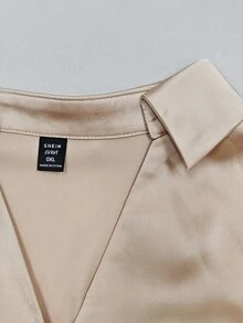 Franclia Plus Size Women's Elegant Satin Collared V-Neck Long Sleeve Shirt & Glitter Bodycon Maxi Dress 2-Piece Set, Suitable For Casual, Commute, Vacation, Afternoon Tea, Christmas Party