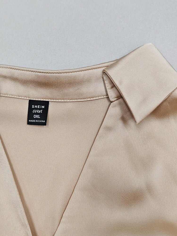 Franclia 大码女士优雅缎面V领长袖衬衫和亮片修身长裙两件套，适合休闲、通勤、度假、下午茶、圣诞派对等场合。 - 香檳色 - 查看 4