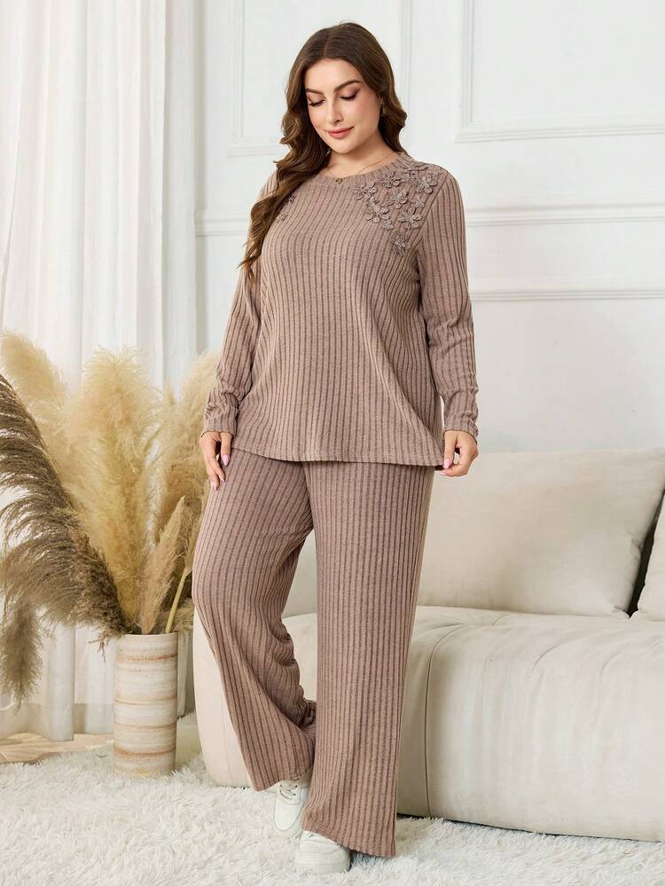Lacomfia Conjunto de 2 peças com Blusa de Moletom de Gola Redonda de Manga Longa Confortável e Casual para Mulheres Plus Size e Calça de Tricô Elegante - Caramelo - Visão 6