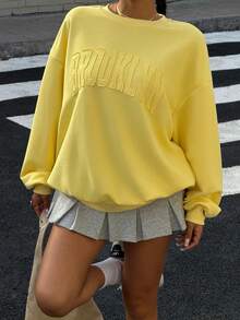 Muchica Women's Cream Yellow Letter Embroidered Loose Pullover Sweatshirt, Autumn/Winter Clothes For Going Out Outfits, Back To School, Streetwear, Y2K Clothes