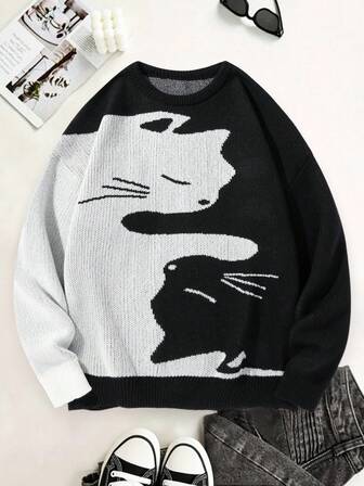 Manfinity Hypemode Men's Jacquard Cat Pattern Long Sleeve Casual Crew Neck Knit Sweater