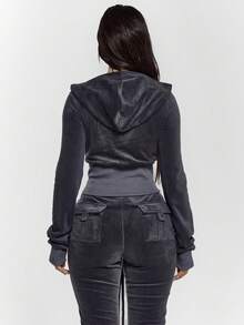 MUSERA Zip Through Fitted Ribbed Snatched Underbust Hooded Velour Sweatshirt Only Night Out Cute - Dark Grey - View 2