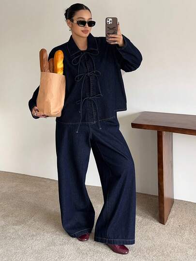 Dazy Plus 复古深水洗蓝色牛仔两件套，时尚休闲蝴蝶结宽松上衣搭配直筒长款牛仔裤，大码女式牛仔套装