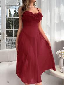 Slumberist 女式纯色荷叶边吊带睡袍 - 酒紅色 - 查看 4