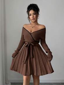 SHEIN Elenzya Váy len peplum viền tương phản cổ chữ V ôm sát thanh lịch dành cho nữ, mùa thu/đông - màu nâu - Xem 5