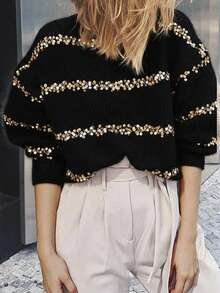 Siren Gaze 女士宽松圆领长袖亮片装饰休闲毛衣，秋冬季款 - 黑色 - 查看 6