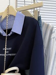 INAWLY Sudadera informal de talla grande con estampado de rayas y letras, cuello polo, otoño