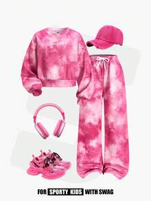 JNSQ Conjunto de 2 piezas para niñas preadolescentes - Sudadera con mangas largas y efecto tie-dye y pantalón de chándal de pierna recta holgada, adecuado para otoño, invierno, uso diario, actividades al aire libre, vacaciones, ropa urbana, fiestas y casual - Rosa - Ver 5