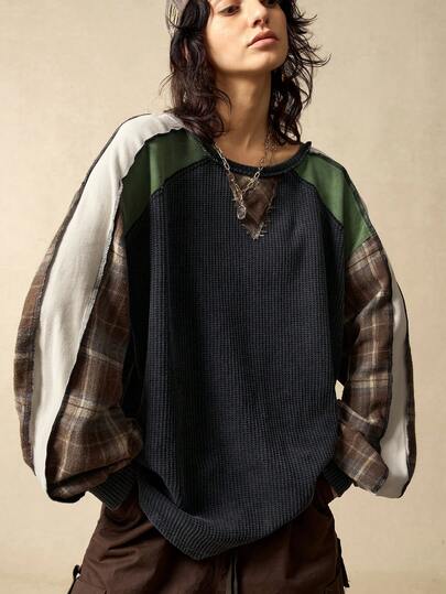 Bohemela BOHO Autumn/Winter American Country Vintage Casual Knit Plaid Patchwork Round Neck Loose Women T-Shirt