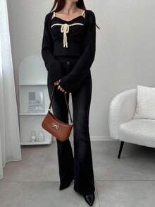 FRIFUL 女式杏色纯色内袋无袖夹克，长袖撞色抽绳蝴蝶结针织毛衣两件套，秋季