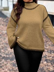 Vionelle Plus Size Women Knitted Pullover Sweater, Elegant Fashion Color Block Loose Fit Casual Versatile Top, Autumn/Winter Fall Sweater Jumper For Woman Brown Sweater Women Sweater Knitted Sweater - Khaki - View 6