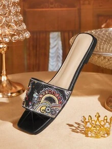 CUCCOO TILAWA Women's Black Print Rhinestone Embellished Flat Sandals For Christmas - Black - View 11
