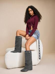 Daringsoles 女式尖头粗跟绒面西部流苏靴，修身高筒靴 - 深灰色 - 查看 5