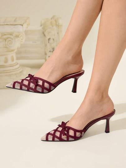 CUCCOO CHICEST Women's Pointed Toe High Heel Shoes, Autumn/Winter New Bowknot Mesh Elegant Romantic Fashion Red Grid Faux Suede Mules, Formal Dress Shoes For Afternoon Tea, Date, Party, Elegant Outfit, Banquet