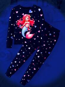 SHEIN Tween Girl Casual Comfortable Round Neck Glow-In-The-Dark Mermaid Cartoon Print T-Shirt And Pants Pajama Set - Multicolor - View 6